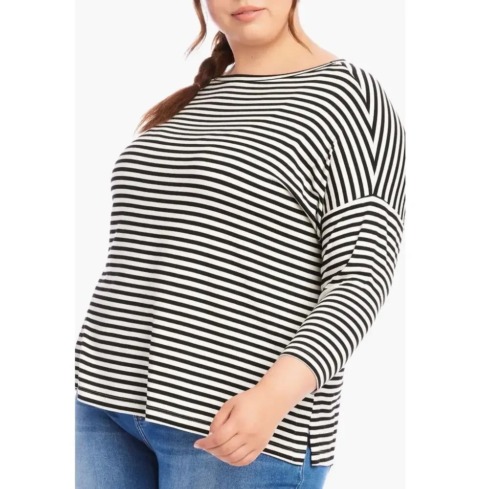 Karen Kane Boat Neck Striped Top 3/4 Sleeve Shirt | Plus 3x, Black White NEW $98 - Picture 2 of 5